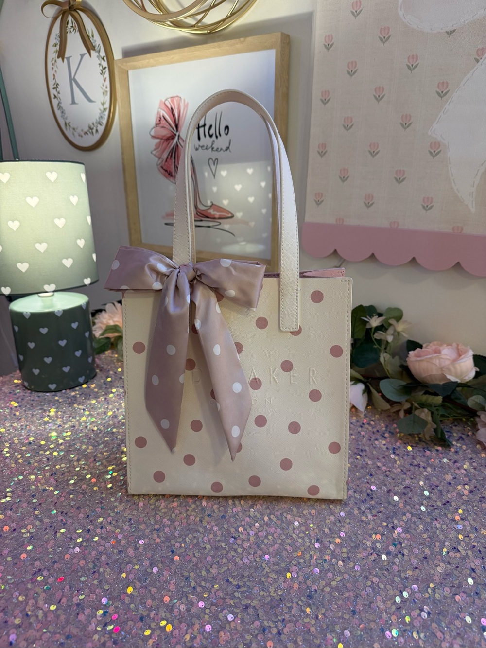 NWT Ted Baker Seacon Small Icon Bag - Light Beige w/ Pink Polkadots and Scarf